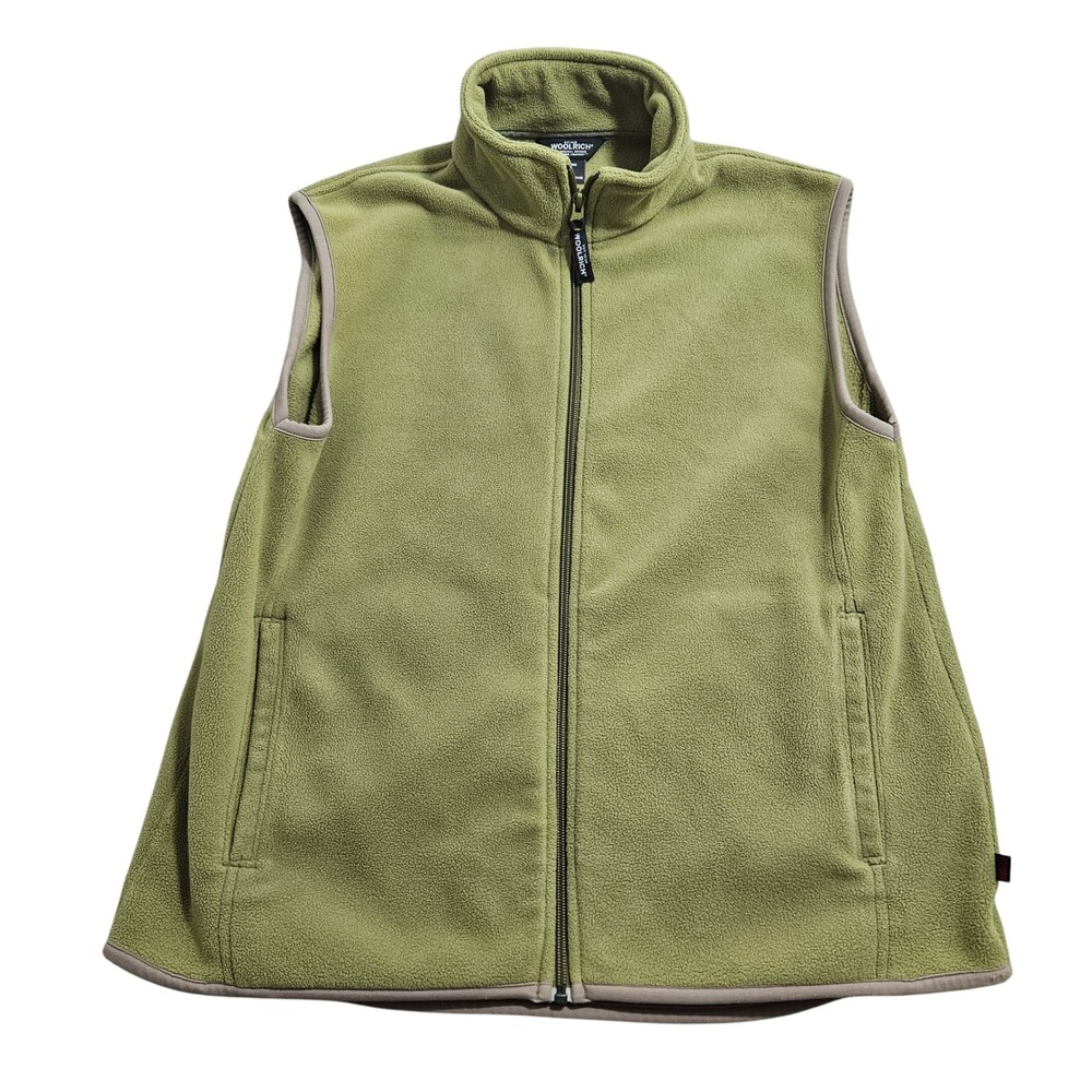 Woolrich Fleece Vest Womens XL Olive Green Full Zip Stand Collar Pocketed